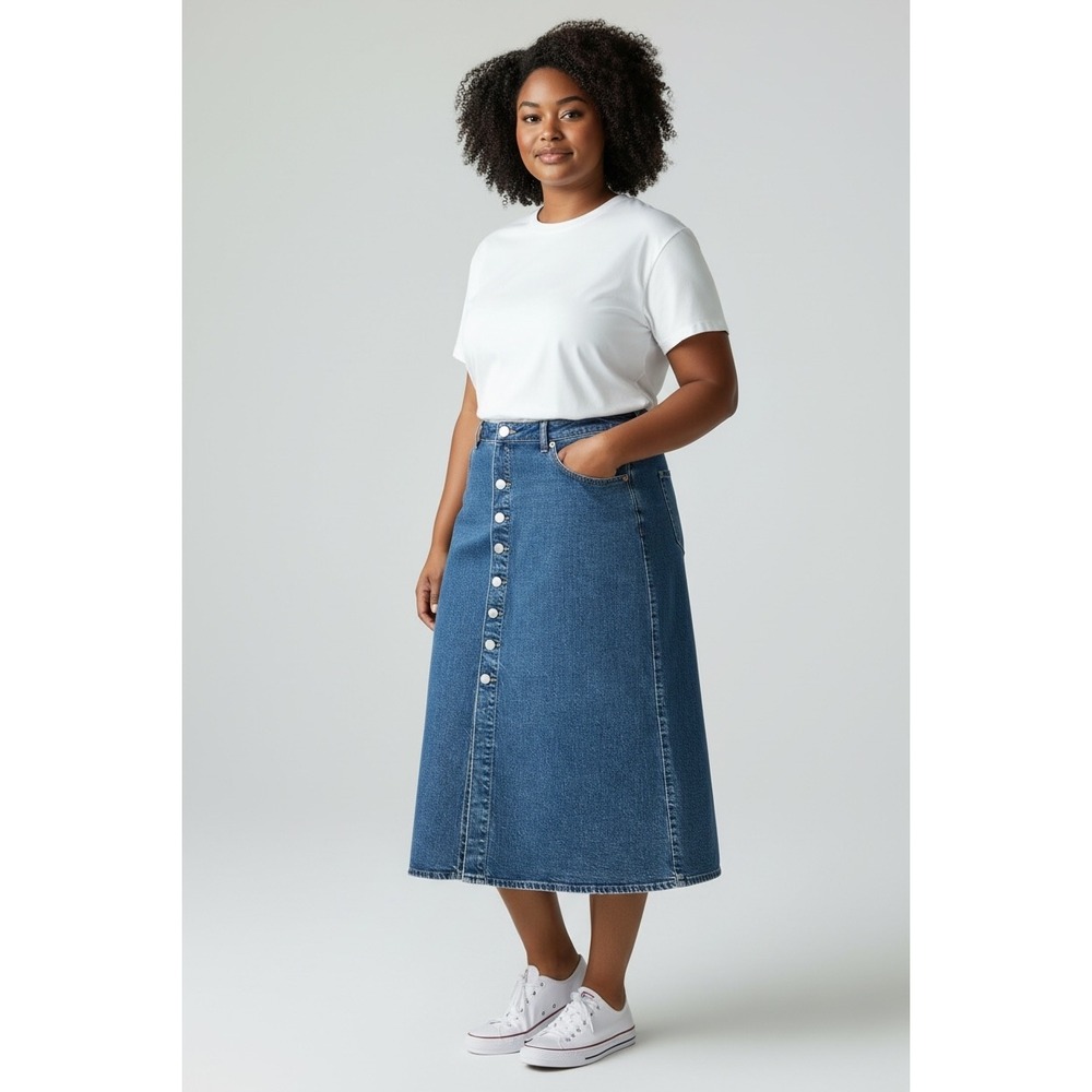 Universal Thread Blue Denim Midi Skirt Button Down Front Sz 17